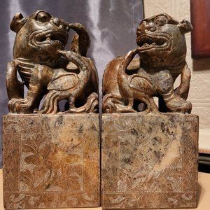 Beautiful & rare Marble carved Foo Dog Bookends Extremely old and very detailed